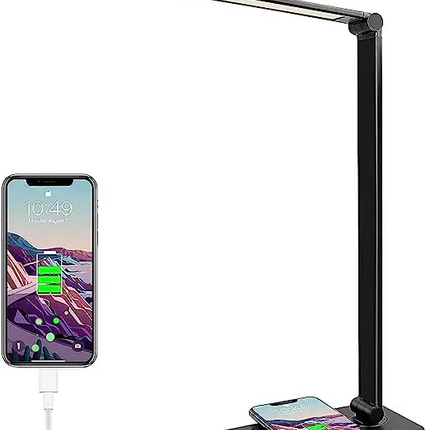 Black GOMINIMO LED Desk Lamp with wireless charging base and USB port featuring multiple brightness and lighting modes