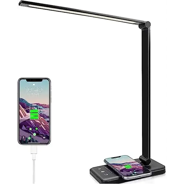 Black GOMINIMO LED Desk Lamp with wireless charging base and USB port featuring multiple brightness and lighting modes