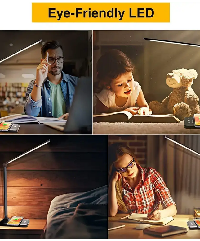 Eye-friendly GOMINIMO LED desk lamp with wireless charging base and USB port in black