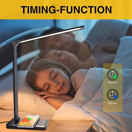 Black GOMINIMO LED Desk Lamp with wireless charger and USB port, adjustable brightness