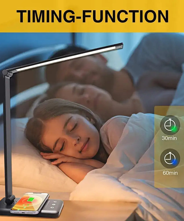 Black GOMINIMO LED Desk Lamp with wireless charger and USB port, adjustable brightness