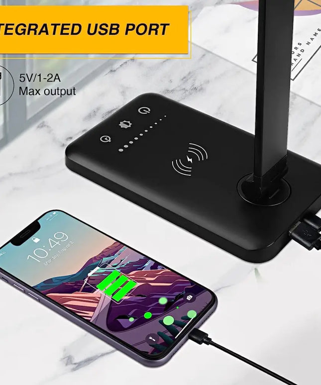 Black GOMINIMO LED Desk Lamp with wireless charger and USB ports for versatile lighting