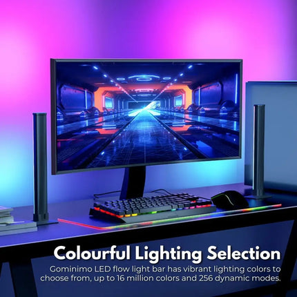 Gaming computer setup with colorful LED lighting featuring GOMINIMO Smart LED RGB Flow Light Bars 2pcs