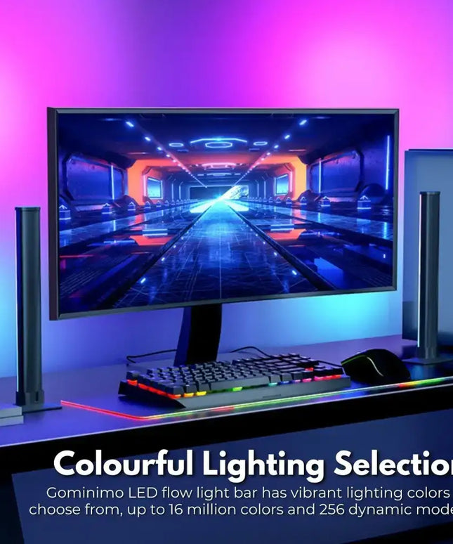 Gaming computer setup with colorful LED lighting featuring GOMINIMO Smart LED RGB Flow Light Bars 2pcs