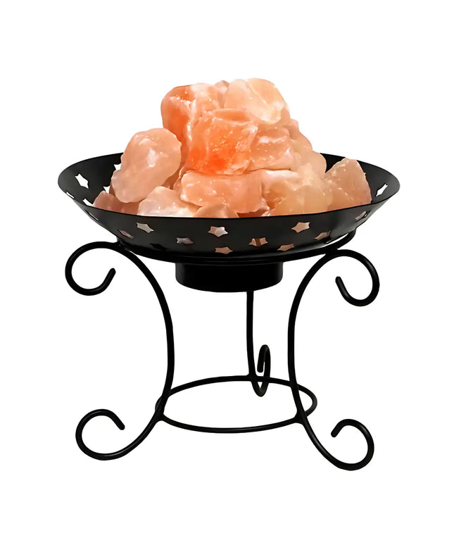 Himalayan salt iron fire bowl lamp with glowing crystals, perfect for home decor.