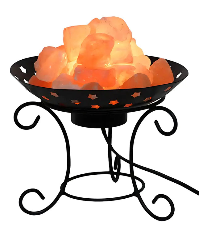 Handcrafted Himalayan salt crystals in an elegant iron fire bowl design.
