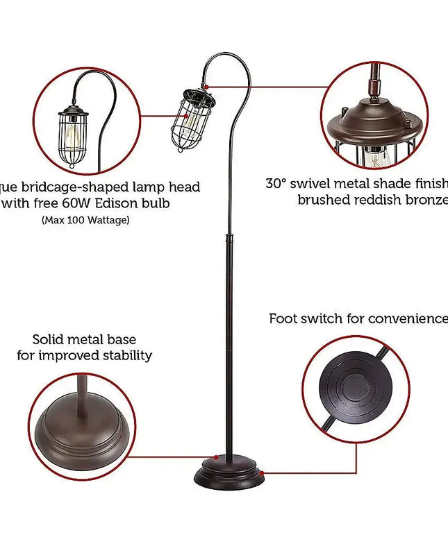 Industrial Floor Lamp with Adjustable Cage Shade Rustic Brushed in Bronze Finish-Home & Garden > Lighting-Koala Lamps and Lighting