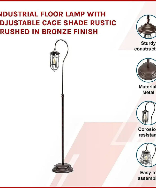 Industrial Floor Lamp with Adjustable Cage Shade Rustic Brushed in Bronze Finish-Home & Garden > Lighting-Koala Lamps and Lighting