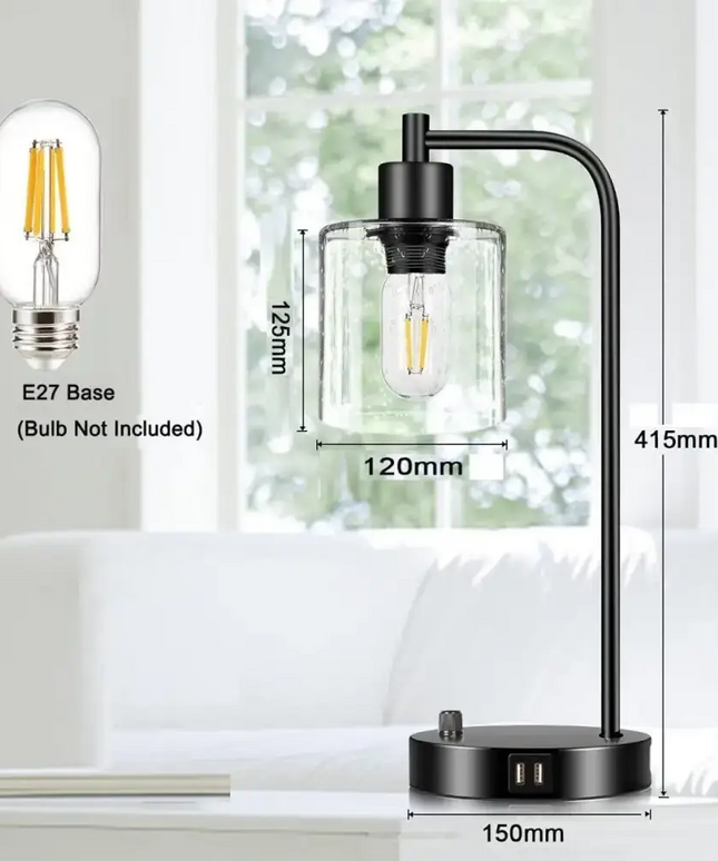 Industrial Table Lamp with 2 USB Port for Bedside Nightstand Desk and Living Room Office (Bulb not Included)-Home & Garden > Lighting-Dropli