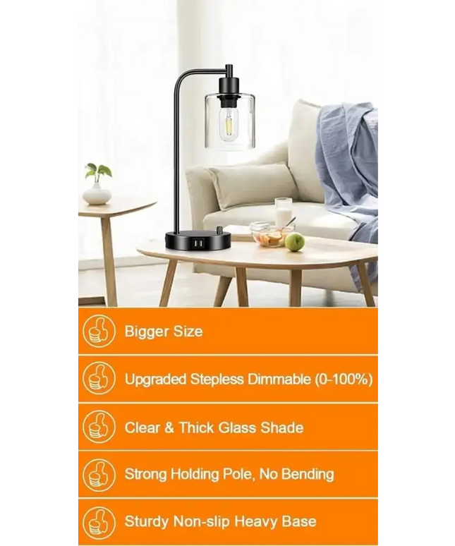 Industrial Table Lamp with 2 USB Port for Bedside Nightstand Desk and Living Room Office (Bulb not Included)-Home & Garden > Lighting-Dropli