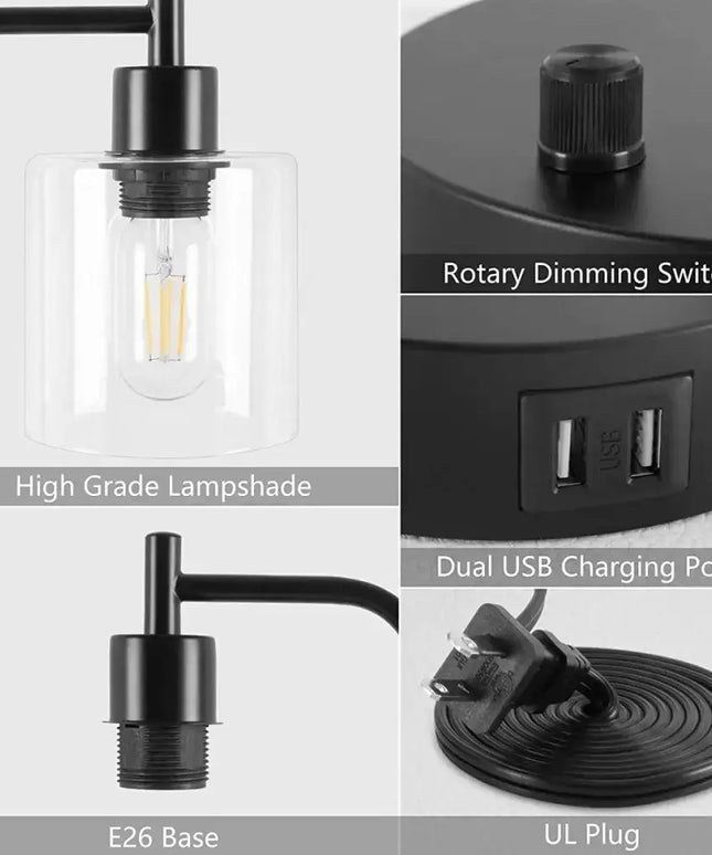 Industrial Table Lamp with 2 USB Port for Bedside Nightstand Desk and Living Room Office (Bulb not Included)-Home & Garden > Lighting-Dropli