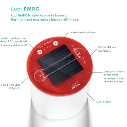 Red and white Luci EMRG solar lantern with multiple light modes and battery indicator