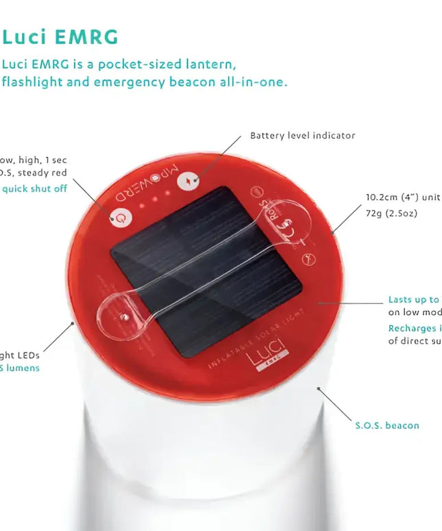 Red and white Luci EMRG solar lantern with multiple light modes and battery indicator