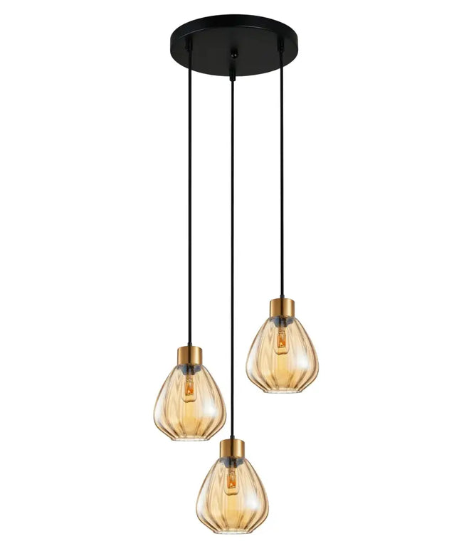 Interior Bronze Amber Wine Glass Ribbed 3 Light Cluster Pendant - TULIP1X3R-Cluster Pendants-CLA Lighting