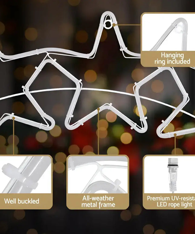 White LED rope light star with hanging ring and metal frame for outdoor Christmas decoration