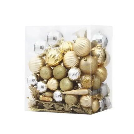Box of gold and silver Christmas ornaments in Jingle Jollys 125pcs Decorations Set