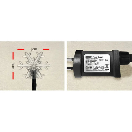 Snowflake-shaped light and power supply for Jingle Jollys Christmas Lights 100 LED string