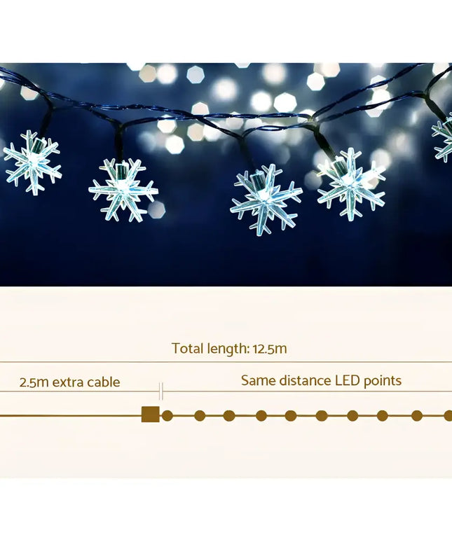 Snowflake-shaped LED string lights from Jingle Jollys Christmas Lights 100 LED 10M String Light Snow Decorations