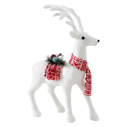 White reindeer with red patterned scarf and saddle, perfect for Christmas decorations