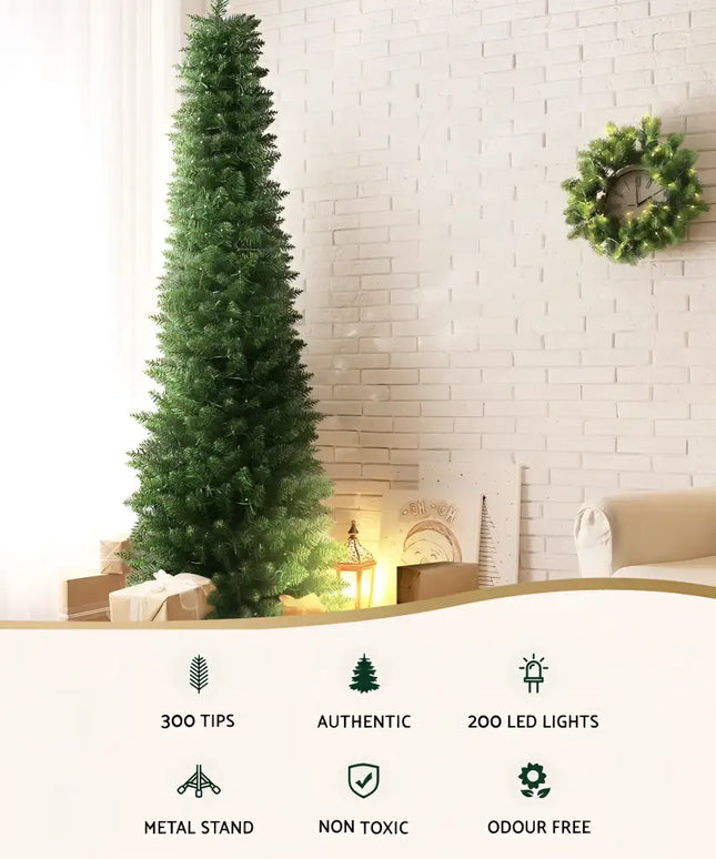 Slim artificial Christmas tree with 200 LED lights from Jingle Jollys Christmas Tree collection