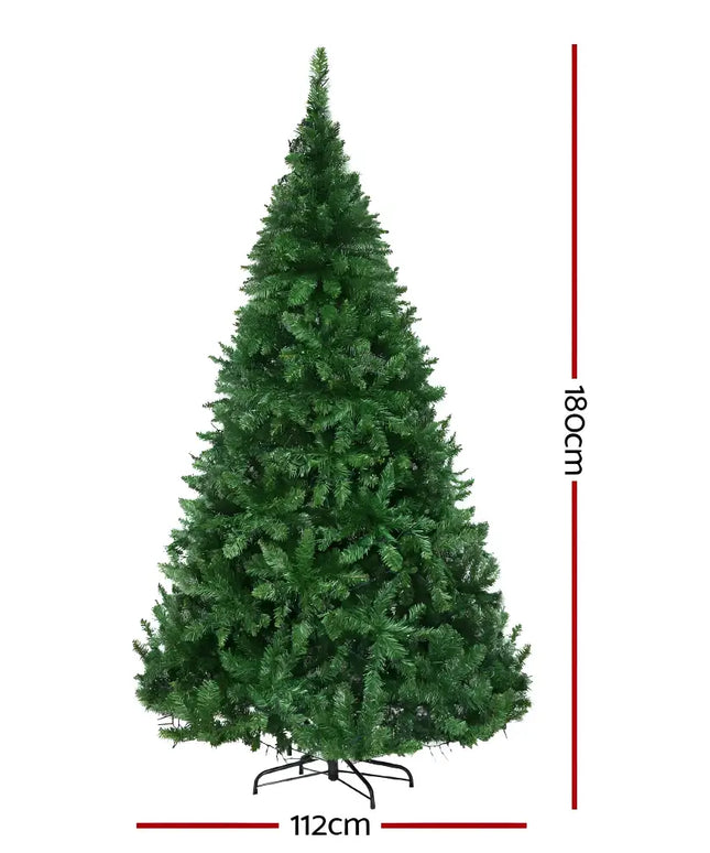 Artificial green Christmas tree displayed in Jingle Jollys Christmas Tree 1.8m with LED lights