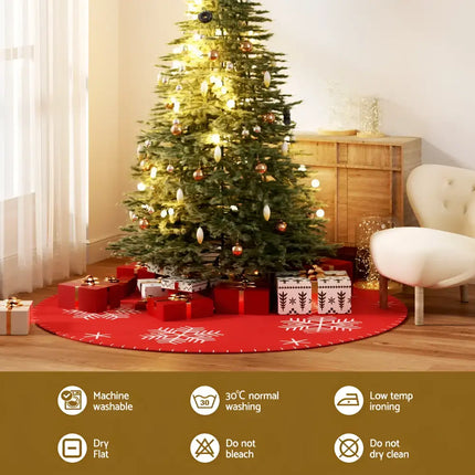 Red Christmas tree skirt with snowflake pattern from Jingle Jollys 120cm holiday decoration collection