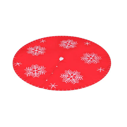 Red snowflake Christmas tree skirt from Jingle Jollys with snowflake ornaments for holiday decor