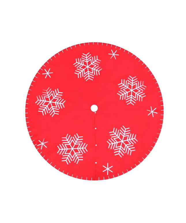 Red Christmas tree skirt with white snowflakes from Jingle Jollys Snowflake Ornaments collection