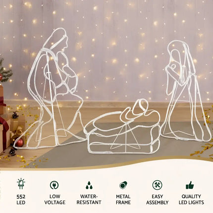 Illuminated nativity scene displayed with Jingle Jollys LED Christmas Lights Outdoor