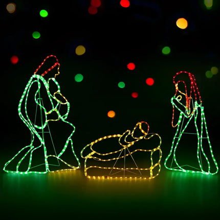 Illuminated nativity scene displayed with Jingle Jollys LED Christmas Lights Outdoor Christmas Light