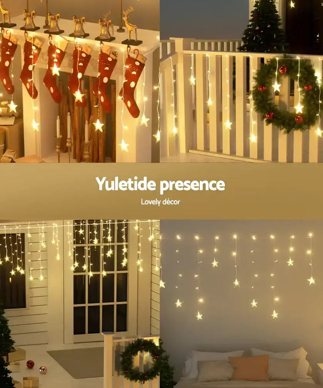 Star-shaped Christmas light strings from Jingle Jollys Solar Christmas Lights 80 LED 3M Icicle Light Star Decorations