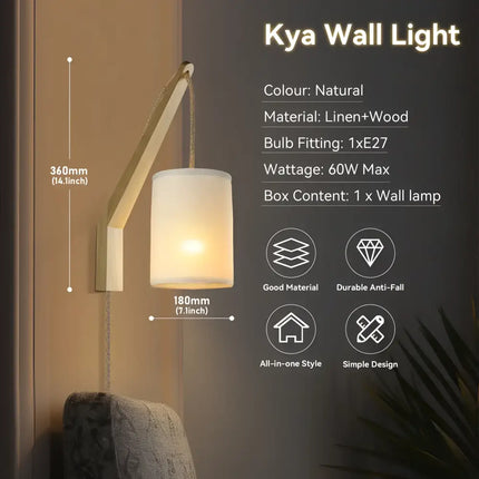Kya Wall Light: Wall-mounted linen and wood light fixture with modern design