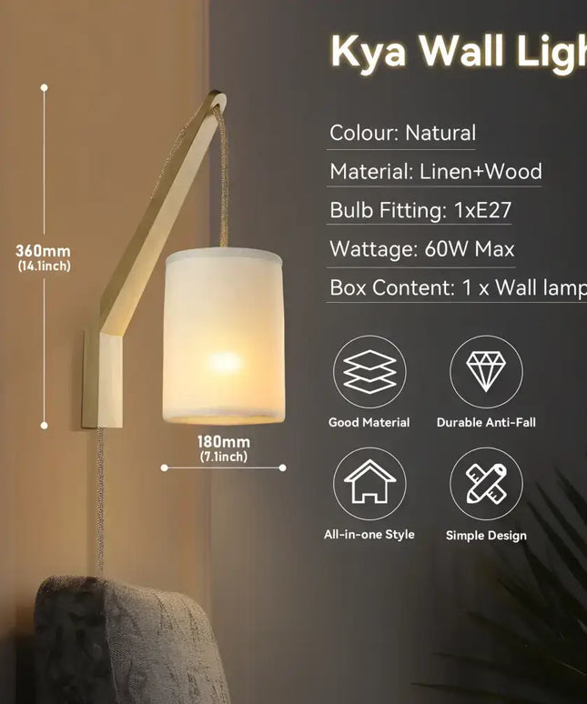 Kya Wall Light: Wall-mounted linen and wood light fixture with modern design