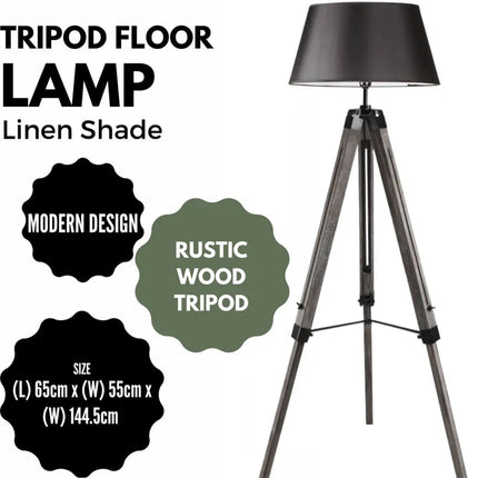 LARGE TRIPOD FLOOR LAMP Linen Shade Modern Light Retro Vintage Wooden - Home & Garden > Lighting