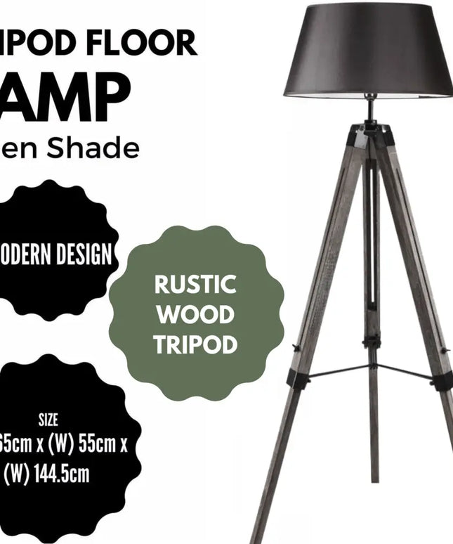 LARGE TRIPOD FLOOR LAMP Linen Shade Modern Light Retro Vintage Wooden - Home & Garden > Lighting