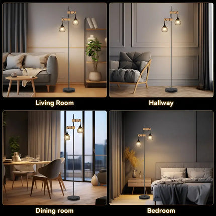 Lars 2-Light Black Floor Lamp with Timber Detail – Lexi Lighting - Floor Lamps