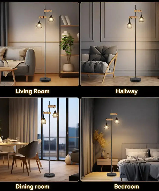 Lars 2-Light Black Floor Lamp with Timber Detail – Lexi Lighting - Floor Lamps