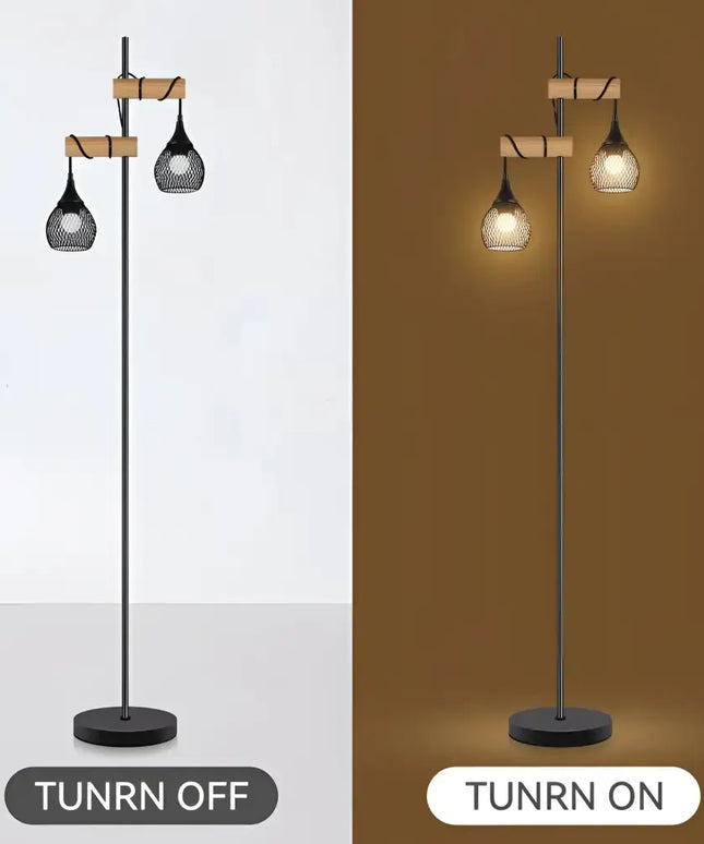 Lars 2-Light Black Floor Lamp with Timber Detail – Lexi Lighting - Floor Lamps