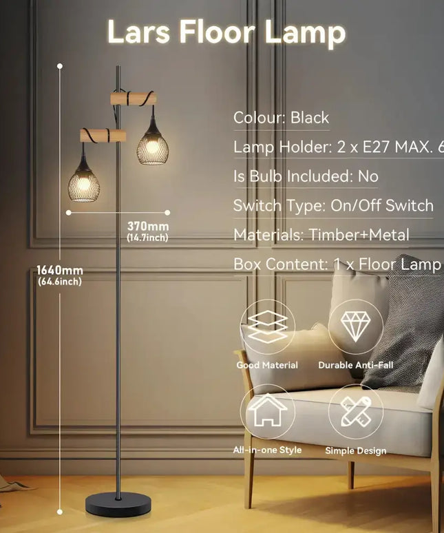 Lars 2-Light Black Floor Lamp with Timber Detail – Lexi Lighting - Floor Lamps