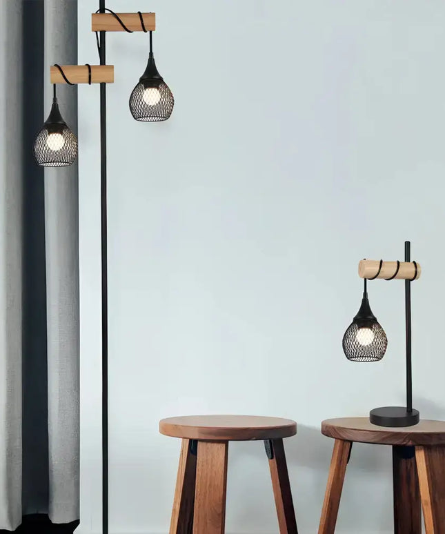 Lars 2-Light Black Floor Lamp with Timber Detail – Lexi Lighting - Floor Lamps