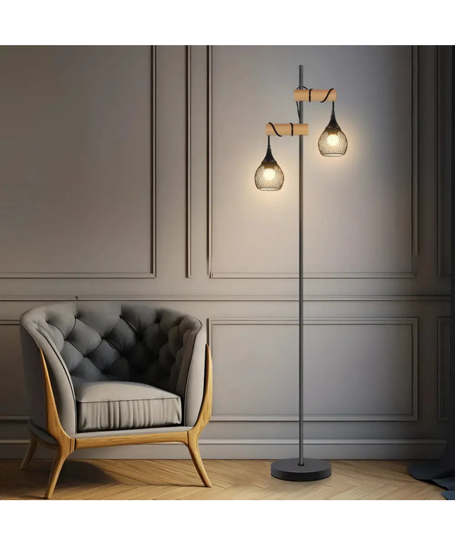Lars 2-Light Black Floor Lamp with Timber Detail – Lexi Lighting - Floor Lamps