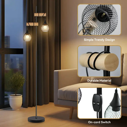 Lars 2-Light Black Floor Lamp with Timber Detail – Lexi Lighting - Floor Lamps