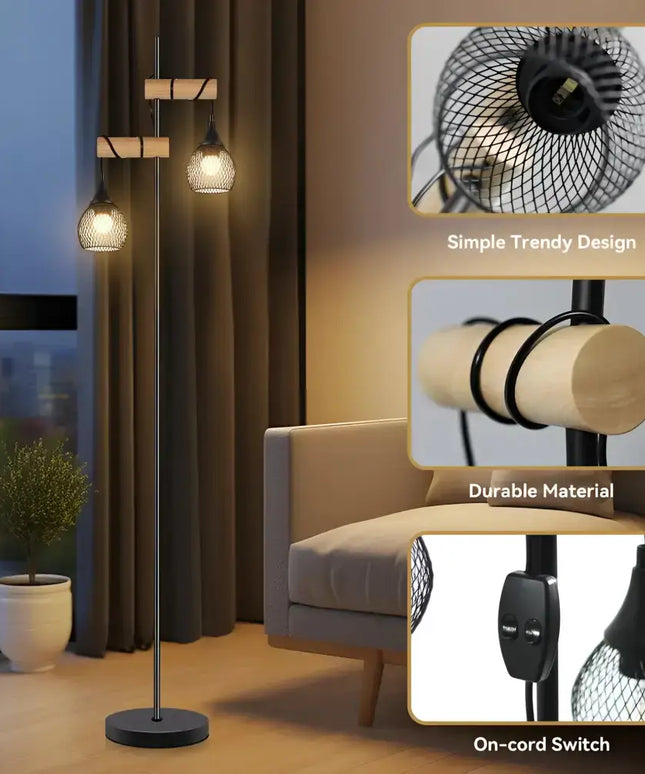 Lars 2-Light Black Floor Lamp with Timber Detail – Lexi Lighting - Floor Lamps