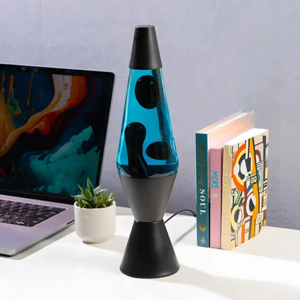 Retro-Inspired Motion Lamp with modern black and blue color contrast.