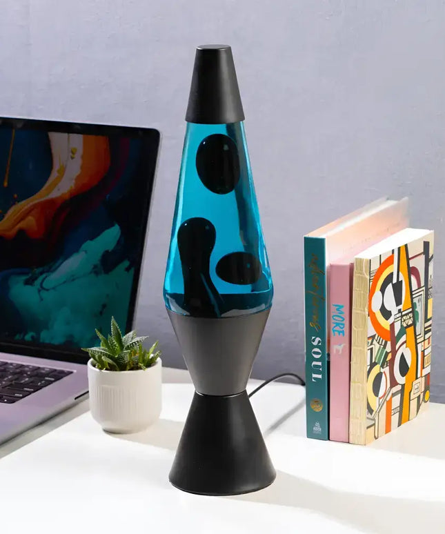 Retro-Inspired Motion Lamp with modern black and blue color contrast.