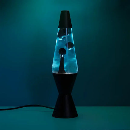 Edgy Diamond-Shaped Lava Lamp with blue liquid and hypnotic black lava.