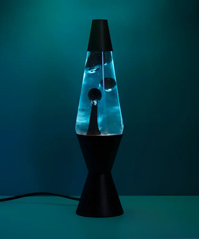 Edgy Diamond-Shaped Lava Lamp with blue liquid and hypnotic black lava.