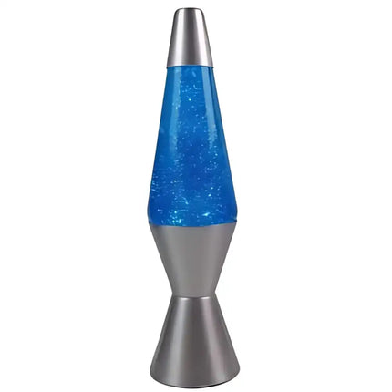 Blue Glitter Lava Lamp – A retro motion lamp with shimmering blue glitter and a silver base.