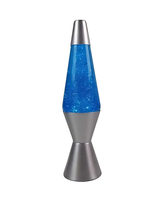 Blue Glitter Lava Lamp – A retro motion lamp with shimmering blue glitter and a silver base.