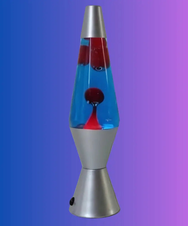 Vibrant Lava Lamp in Motion – Red wax flowing through deep blue liquid for a mesmerizing effect.